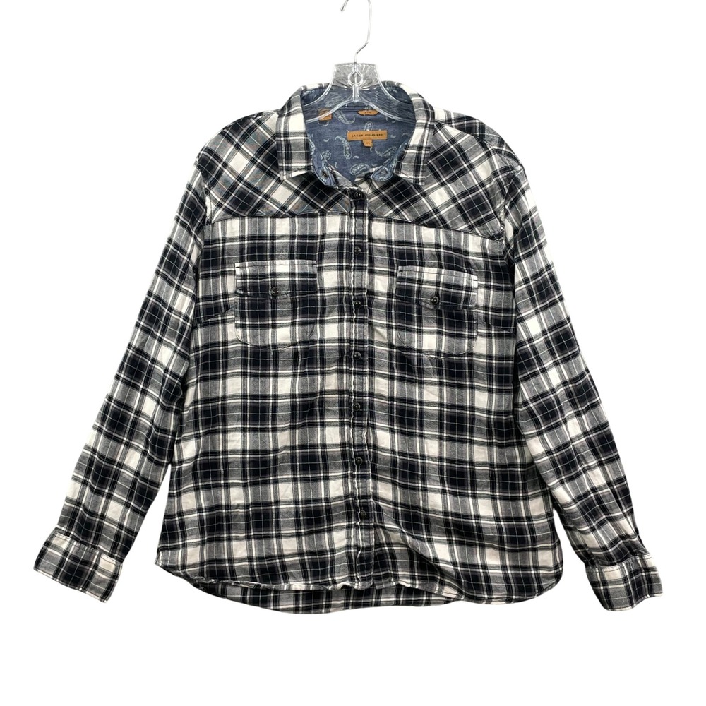 Jachs Girlfriend Flannel Shirt Womens XL Black White Plaid Pearl Snap Western